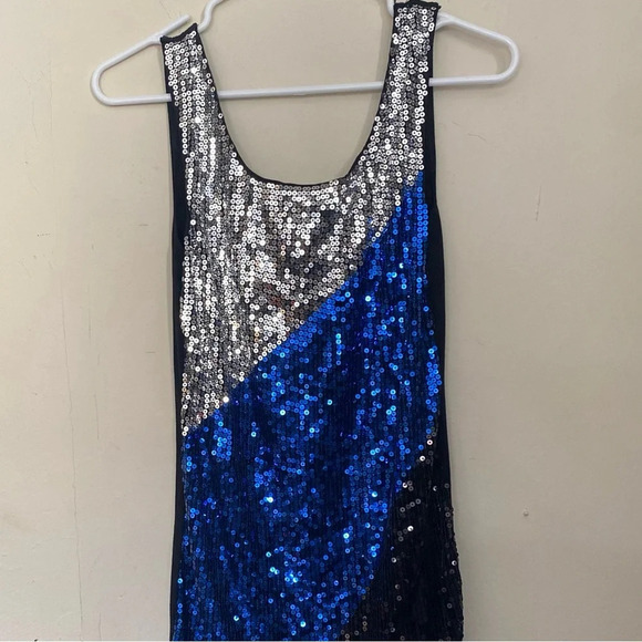 EUC Sparkly Sequin Blue Silver Black Bejeweled Party Sleeveless Mini Dress - Picture 3 of 7
